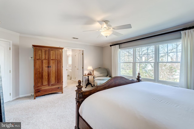 bedroom featuring visible vents, ceiling fan, baseboards, ornamental molding, and light carpet