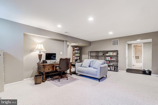 home office featuring carpet flooring, recessed lighting, visible vents, and baseboards