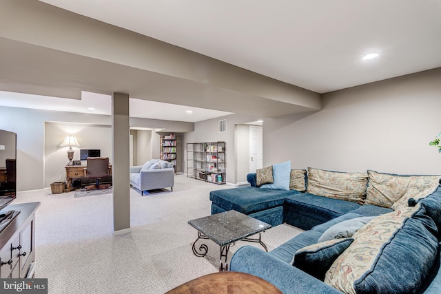 living area featuring carpet flooring, recessed lighting, baseboards, and visible vents