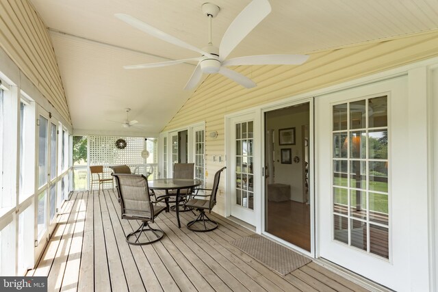 1629 Pondview Dr, Winchester, VA 22601 - wooden terrace with a ceiling fan and outdoor dining area