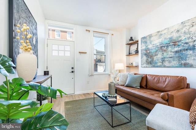 living area featuring baseboards and wood finished floors