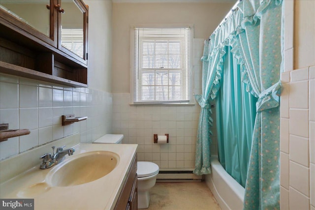 bathroom featuring a baseboard heating unit, toilet, vanity, tile walls, and shower / bathtub combination with curtain