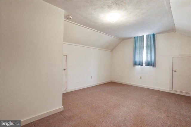 additional living space featuring baseboards, a textured ceiling, carpet flooring, and vaulted ceiling