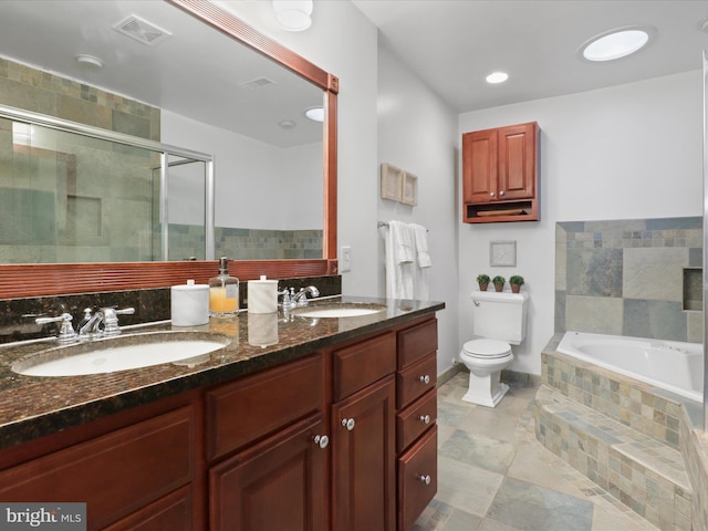 full bath with a sink, visible vents, a stall shower, and a bath