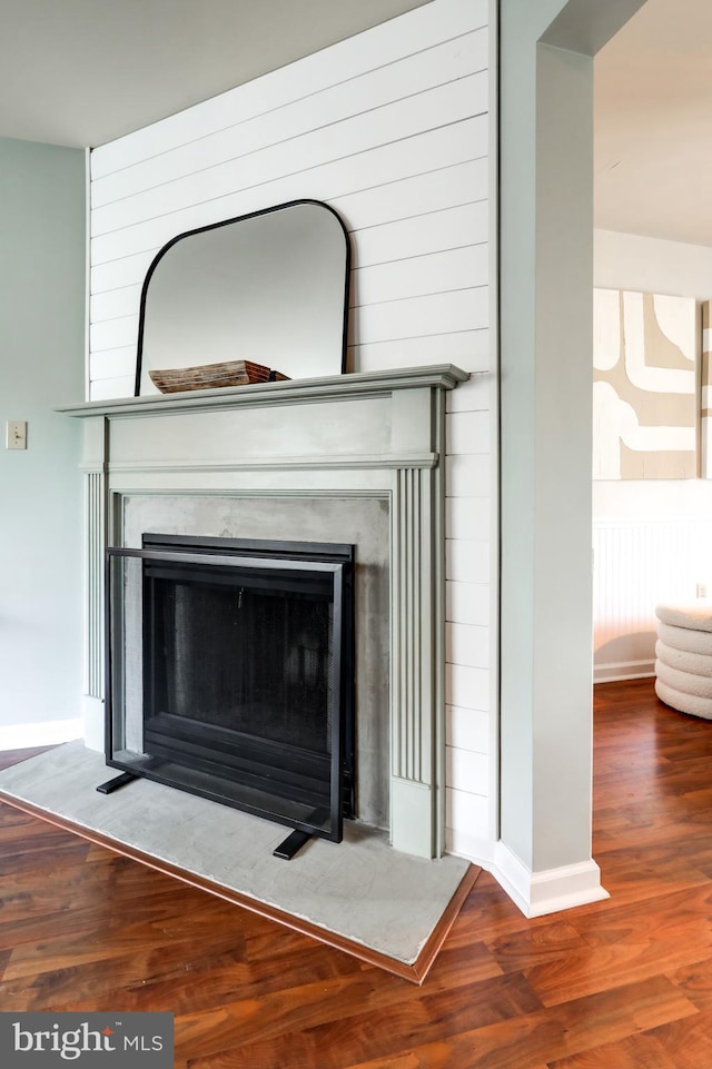 details featuring wood finished floors, baseboards, and a premium fireplace