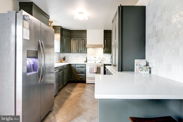 kitchen featuring tasteful backsplash, stainless steel appliances, a peninsula, light countertops, and custom exhaust hood