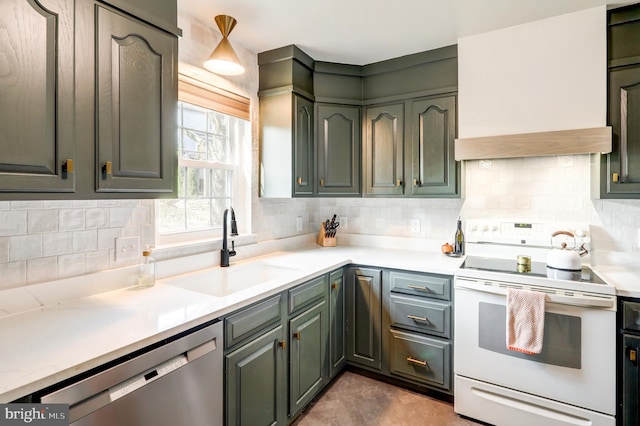 kitchen featuring white electric range, a sink, backsplash, light countertops, and dishwasher