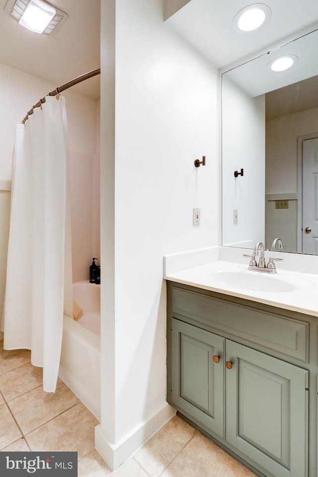 bathroom featuring visible vents, shower / tub combo with curtain, recessed lighting, tile patterned floors, and vanity