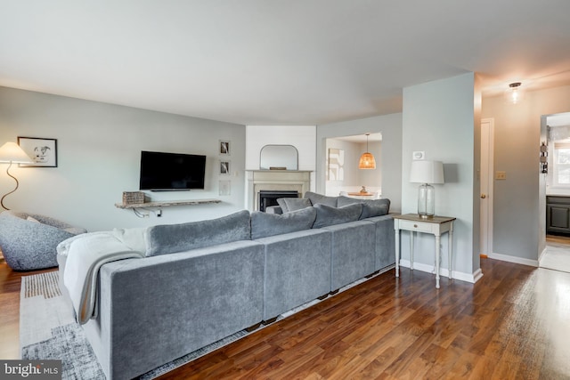 living room featuring dark wood-style floors, a fireplace, and baseboards