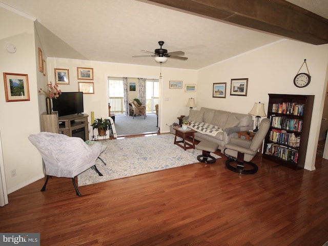 living room with vaulted ceiling with beams, ceiling fan, and wood finished floors