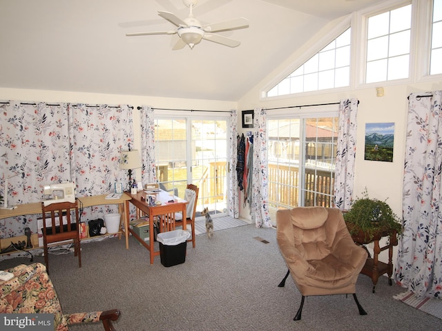 interior space featuring carpet floors, ceiling fan, and vaulted ceiling