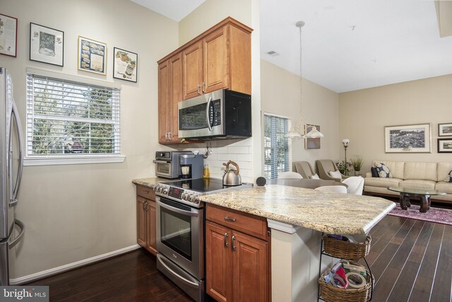 kitchen with baseboards, dark wood finished floors, stainless steel appliances, decorative backsplash, and open floor plan