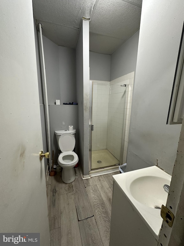 bathroom featuring toilet, a stall shower, wood finished floors, a textured ceiling, and vanity