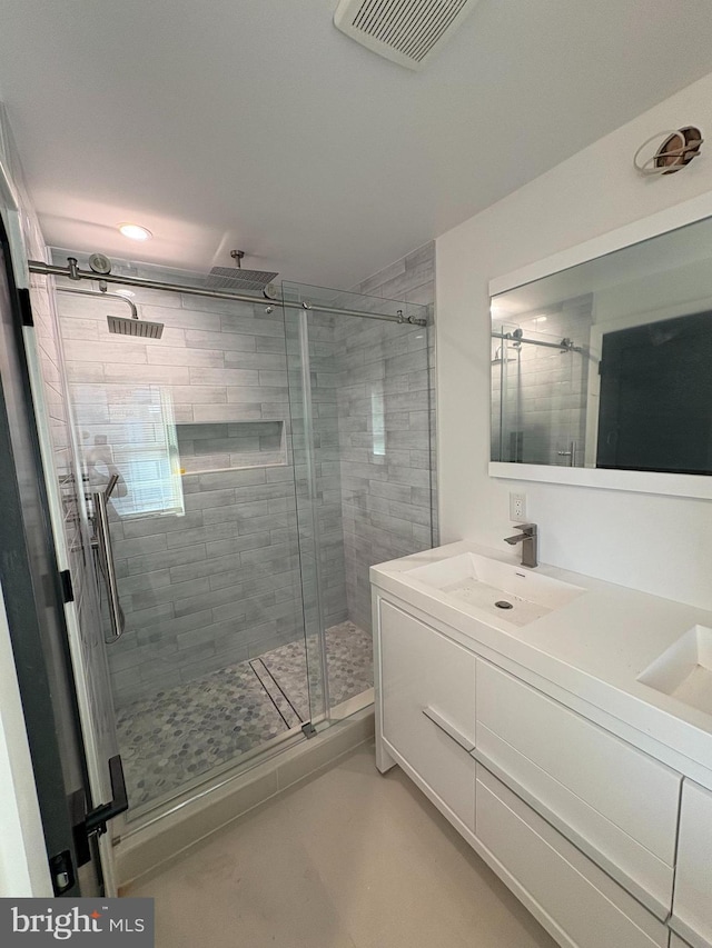 full bath with visible vents, a shower stall, and vanity