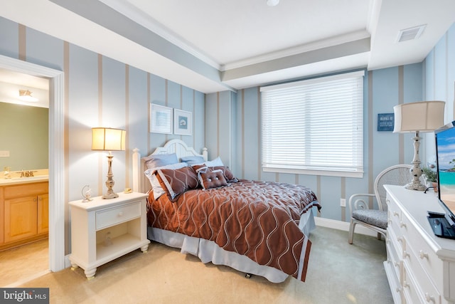 bedroom featuring visible vents, wallpapered walls, baseboards, light colored carpet, and ornamental molding