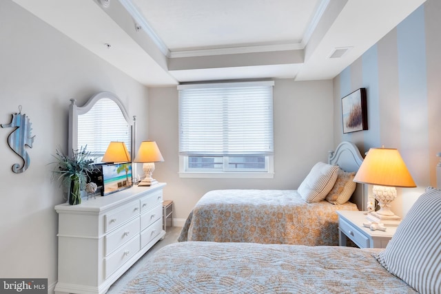 bedroom with visible vents, baseboards, and ornamental molding