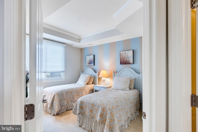 bedroom featuring light carpet, a tray ceiling, and ornamental molding