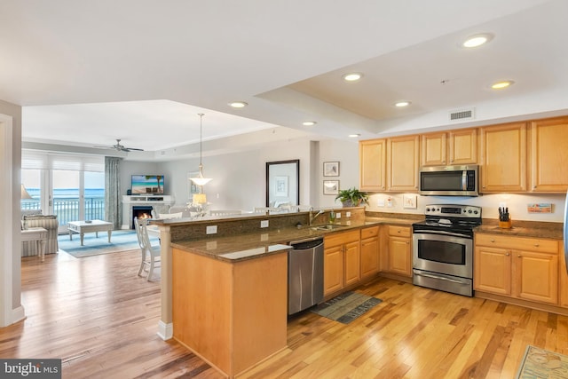 kitchen with visible vents, a sink, a tray ceiling, stainless steel appliances, and a peninsula