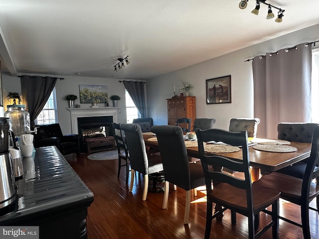 dining space featuring dark wood finished floors, a glass covered fireplace, and rail lighting