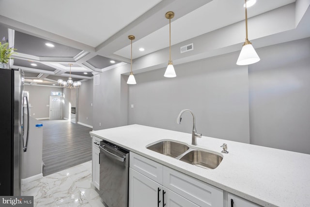 kitchen with visible vents, marble finish floor, a sink, coffered ceiling, and stainless steel appliances