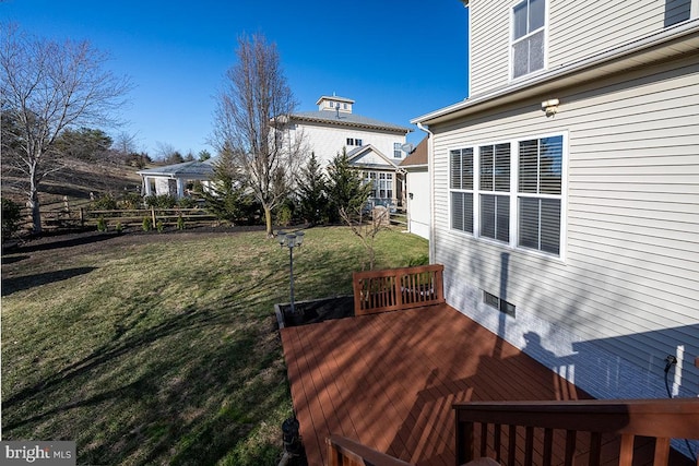 wooden terrace featuring a lawn