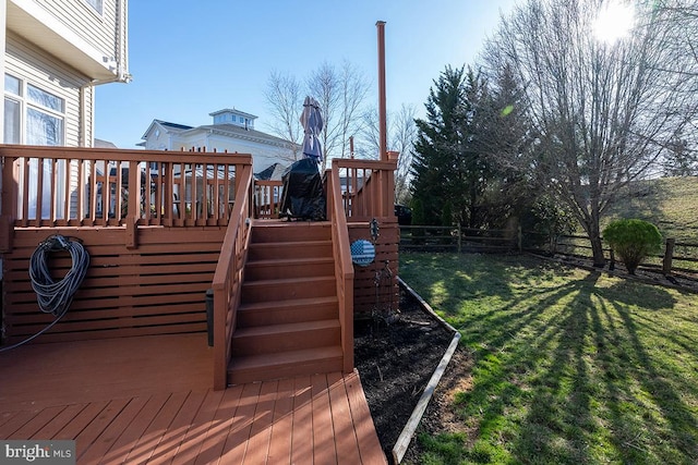 exterior space featuring a deck, a lawn, and a fenced backyard