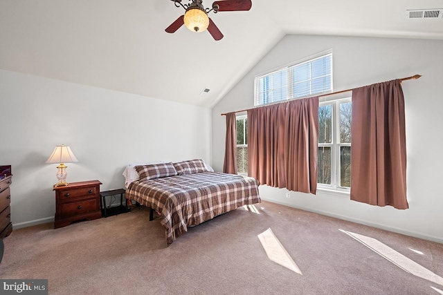 bedroom featuring visible vents, high vaulted ceiling, carpet, baseboards, and ceiling fan