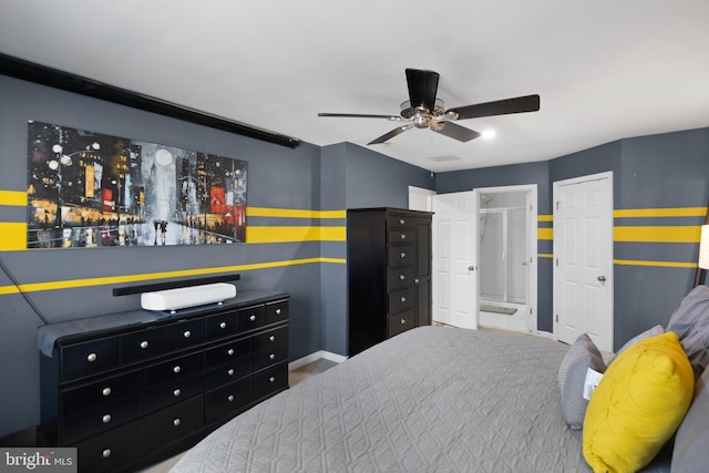 bedroom with ceiling fan and baseboards