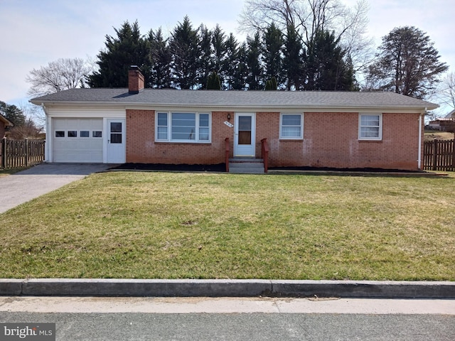 ranch-style home featuring brick siding, an attached garage, a chimney, and fence