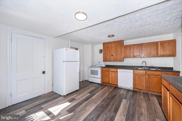 kitchen with brown cabinets, a sink, dark countertops, white appliances, and dark wood-style flooring