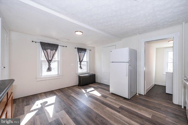 kitchen featuring dark wood-style floors, radiator heating unit, a textured ceiling, and freestanding refrigerator