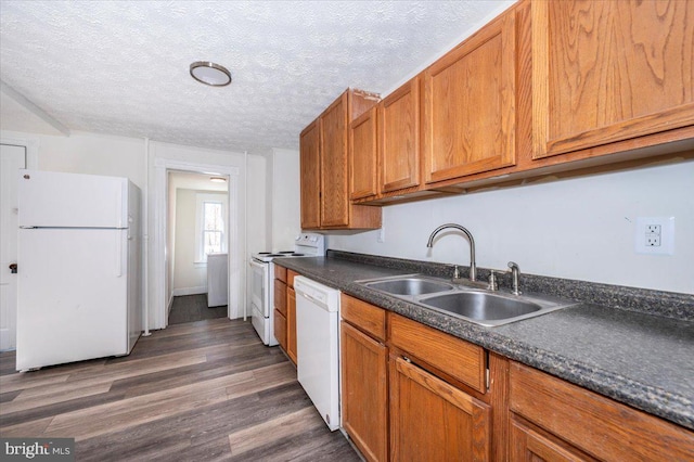 kitchen with white appliances, a sink, dark wood-type flooring, dark countertops, and brown cabinets