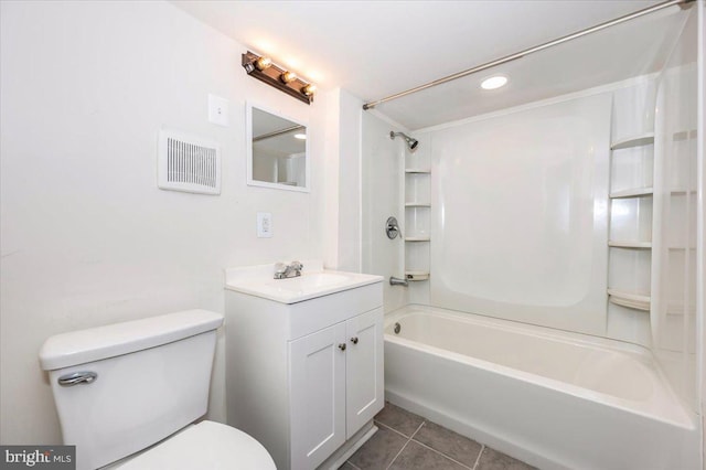 full bathroom featuring visible vents, toilet, bathing tub / shower combination, tile patterned floors, and vanity