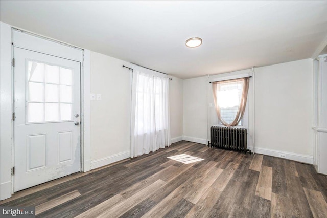 interior space featuring radiator heating unit, wood finished floors, and baseboards