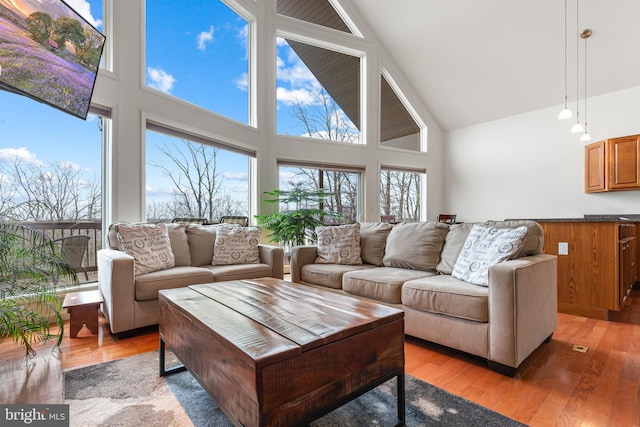 living room with light wood-style floors and high vaulted ceiling