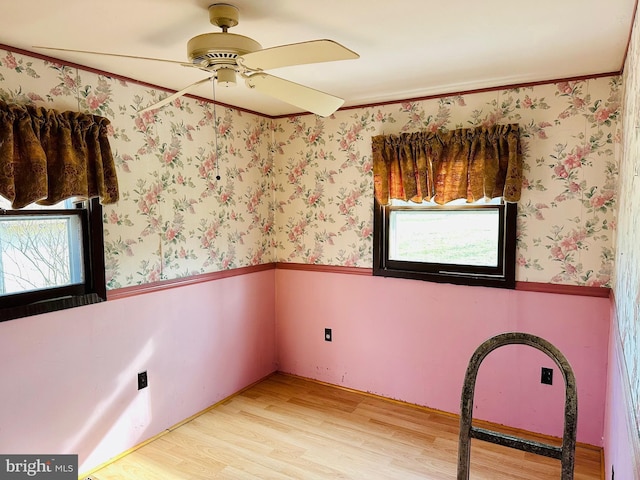 spare room with ceiling fan, light wood-style flooring, wainscoting, and wallpapered walls