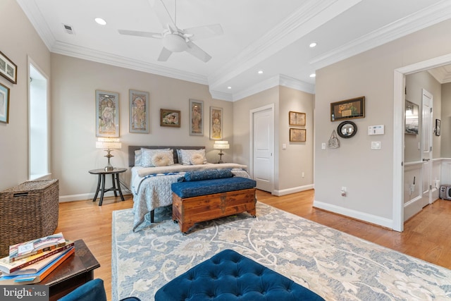 bedroom with visible vents, recessed lighting, light wood-type flooring, and crown molding