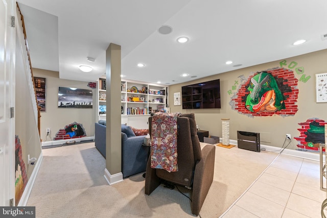 carpeted living room with recessed lighting, baseboards, and tile patterned flooring