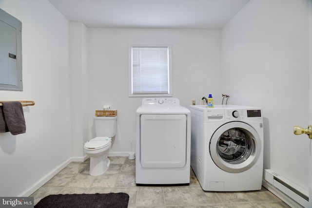 laundry area featuring washer and dryer, electric panel, baseboards, baseboard heating, and laundry area