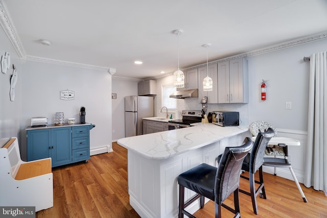 kitchen featuring under cabinet range hood, stainless steel electric range oven, light wood-style flooring, a peninsula, and freestanding refrigerator