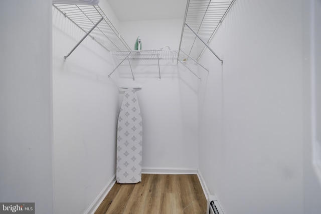 spacious closet featuring a baseboard radiator and wood finished floors