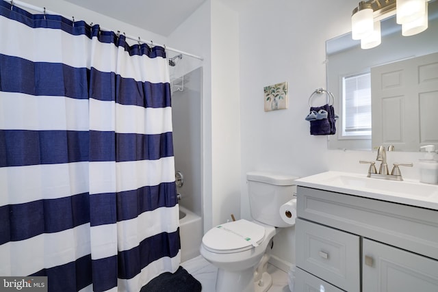 full bath featuring shower / tub combo, toilet, and vanity