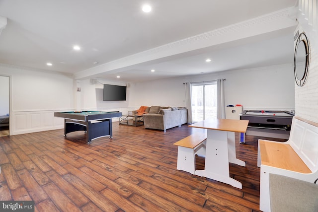 recreation room with recessed lighting, dark wood-style flooring, and wainscoting