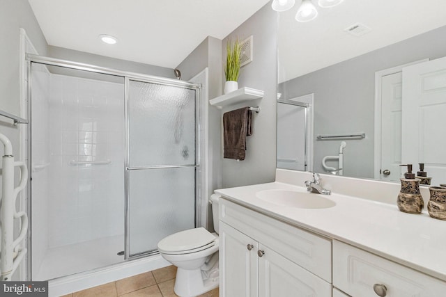 full bath featuring tile patterned flooring, visible vents, a shower stall, toilet, and vanity