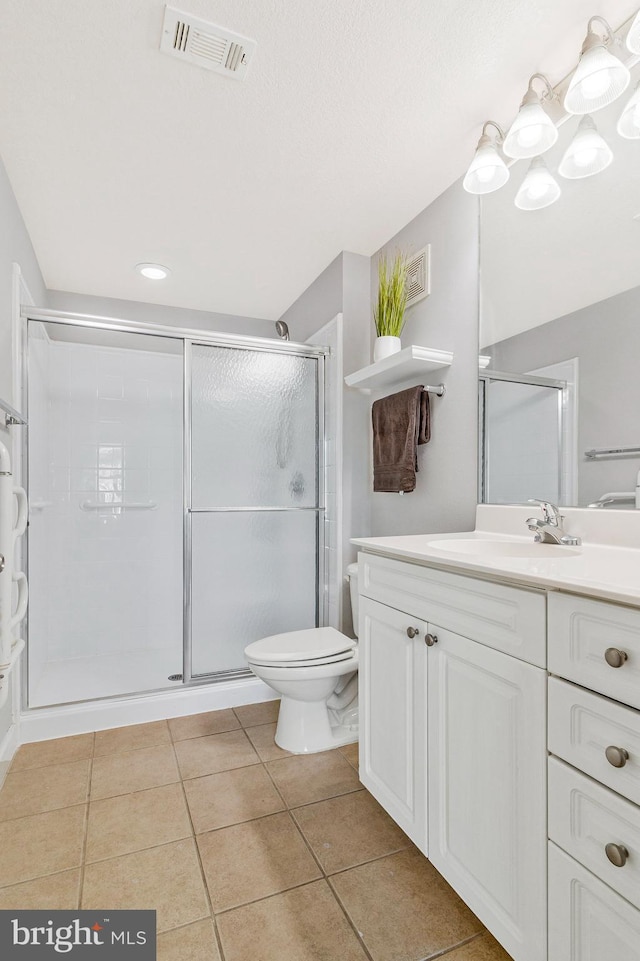 bathroom with tile patterned flooring, visible vents, toilet, a stall shower, and vanity