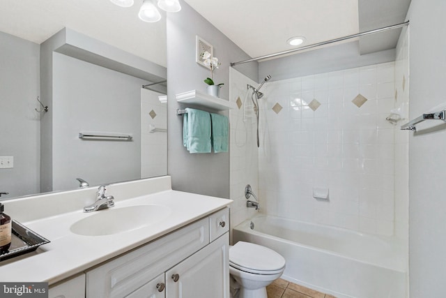 full bath with tile patterned flooring, shower / bathing tub combination, toilet, and vanity