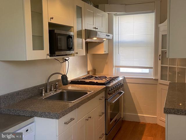 kitchen with a sink, stainless steel appliances, under cabinet range hood, and white cabinetry