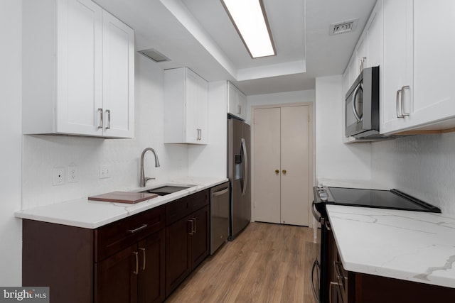 kitchen with a sink, visible vents, white cabinetry, and stainless steel appliances