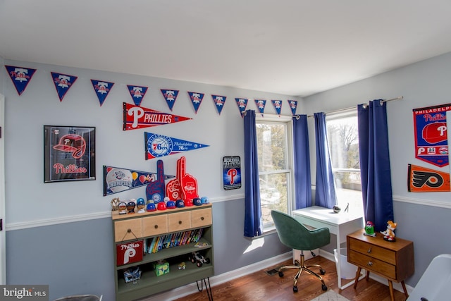 office space with baseboards and wood finished floors