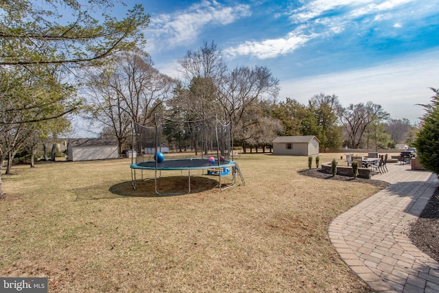 view of yard with a storage unit, a patio, an outdoor structure, and a trampoline